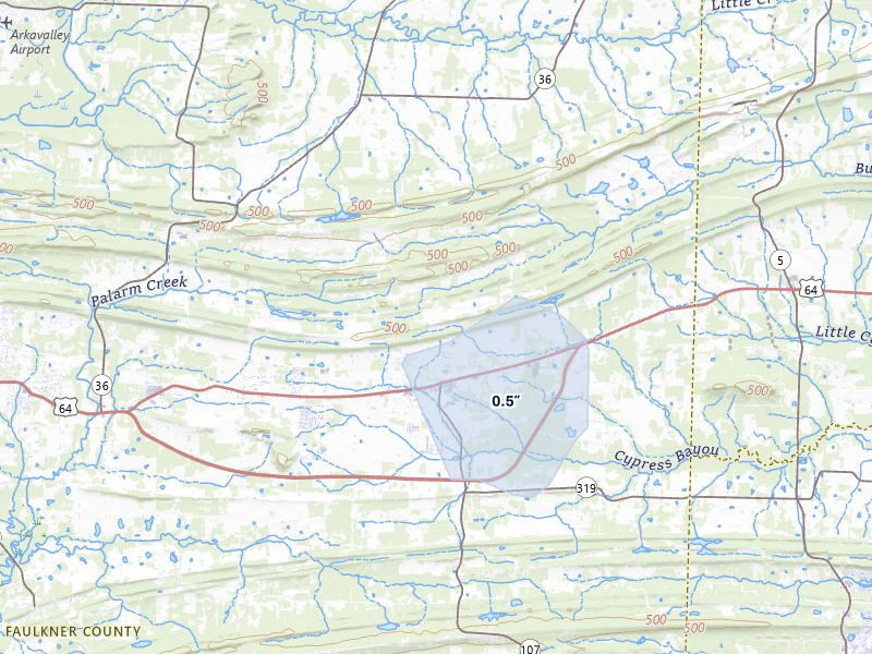 NEXRAD radar-signature map of the hail over Vilonia, AR