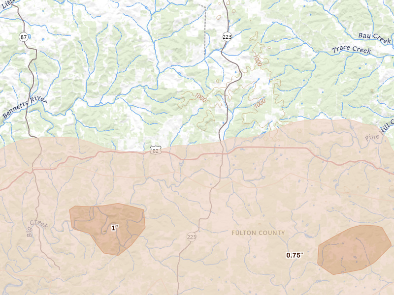 Radar-estimated hail-size map of the storm over Viola, AR on Mar 4, 2026