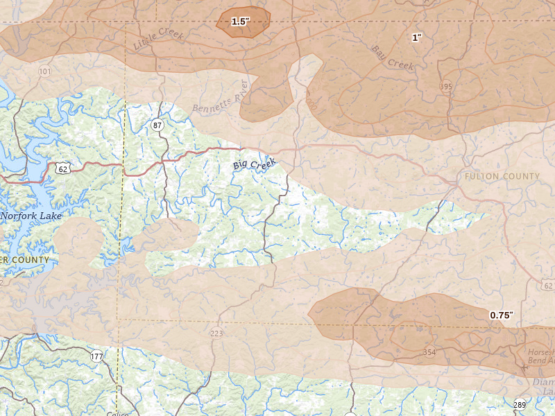Radar-estimated hail-size map of the storm over Viola, AR on Apr 27, 2026