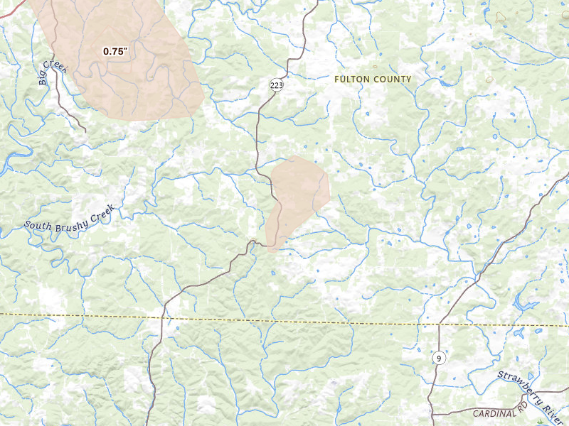 Radar-estimated hail-size map of the storm over Viola, AR on Aug 22, 2026