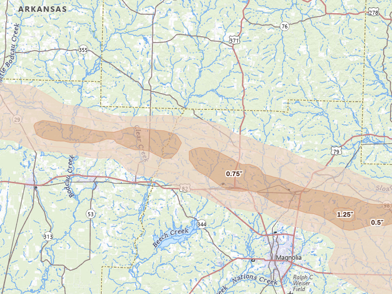 Radar-estimated hail-size map of the storm over Waldo, AR on Mar 15, 2026