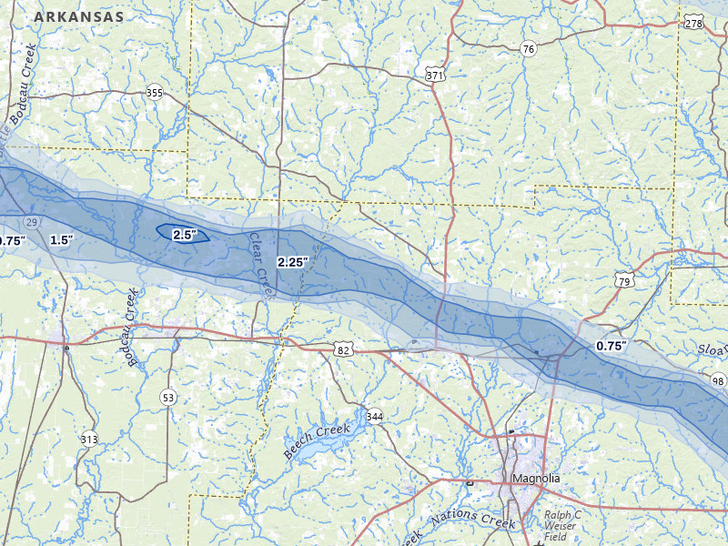 NEXRAD radar-signature map of the hail over Waldo, AR