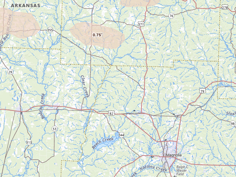 Radar-estimated hail-size map of the storm over Waldo, AR on Apr 24, 2026