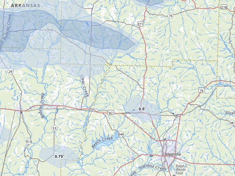 NEXRAD radar-signature map of the hail over Waldo, AR