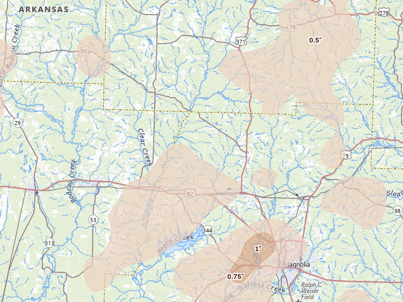 Radar-estimated hail-size map of the storm over Waldo, AR on Jun 2, 2026