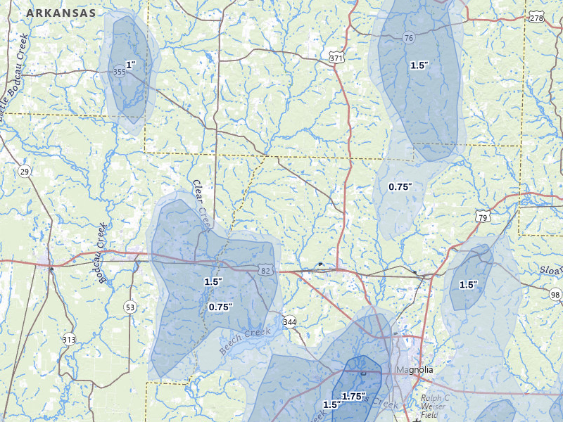NEXRAD radar-signature map of the hail over Waldo, AR