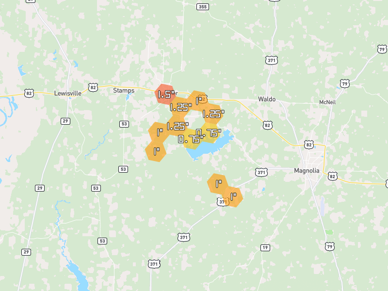Hail map of Waldo, AR on Jun 2, 2026, hail up to 1.5"