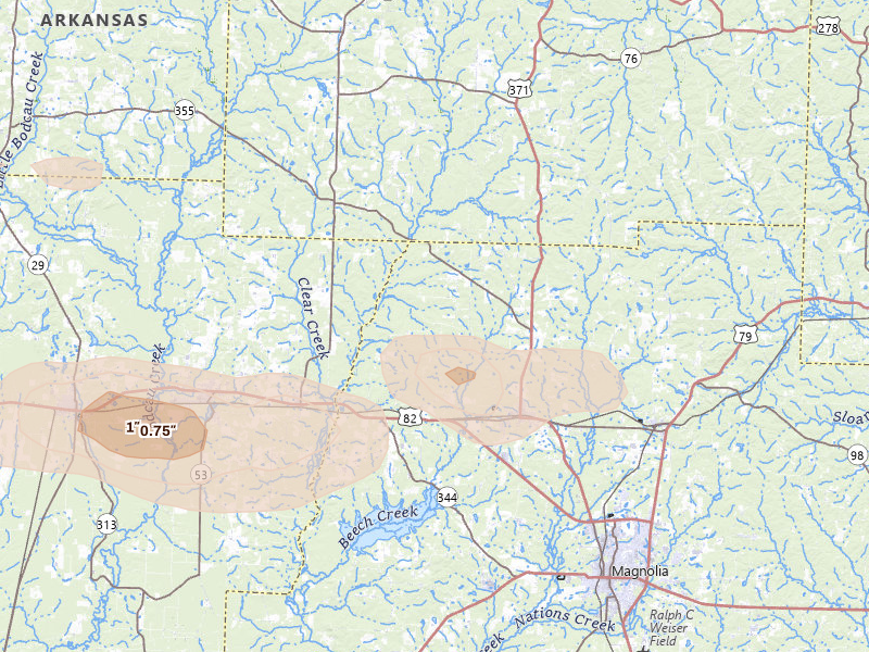 Radar-estimated hail-size map of the storm over Waldo, AR on Jun 22, 2026