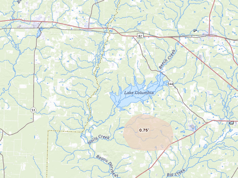 Radar-estimated hail-size map of the storm over Waldo, AR on Aug 6, 2026