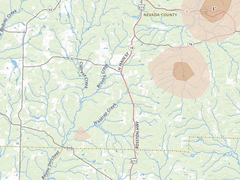 Radar-estimated hail-size map of the storm over Waldo, AR on Aug 20, 2026