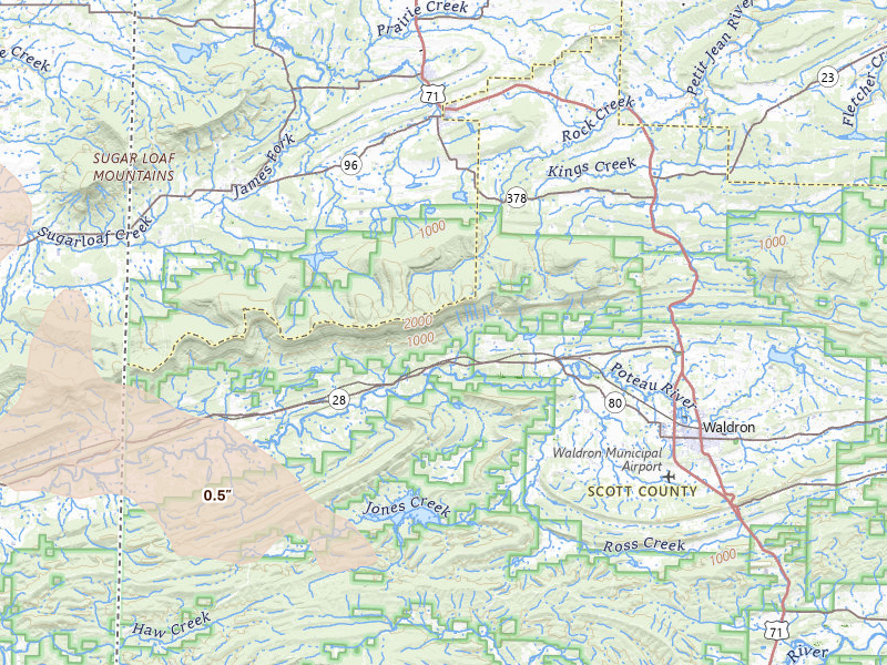 Radar-estimated hail-size map of the storm over Waldron, AR on Apr 24, 2026