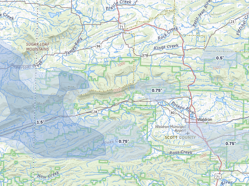 NEXRAD radar-signature map of the hail over Waldron, AR