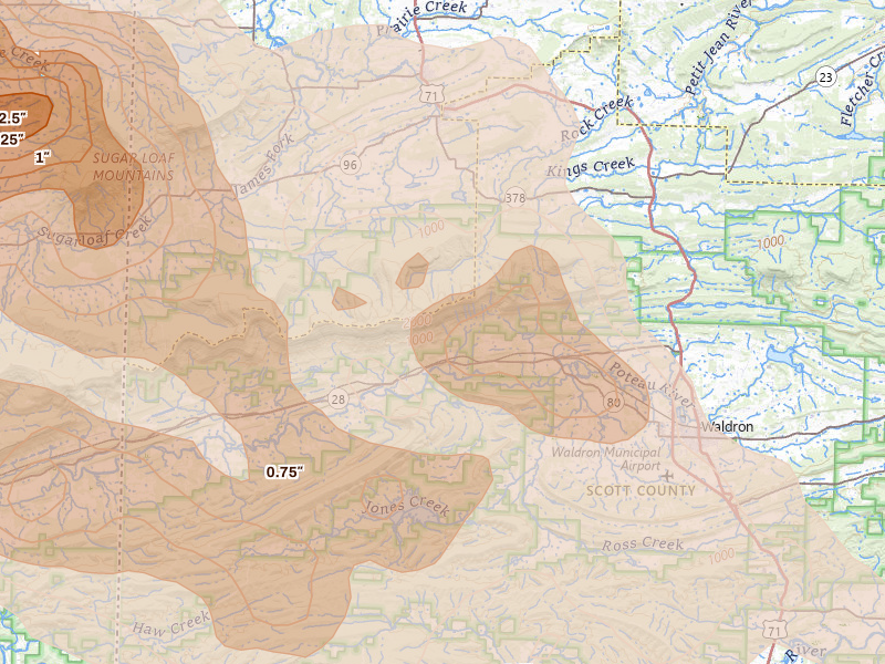 Radar-estimated hail-size map of the storm over Waldron, AR on Apr 25, 2026