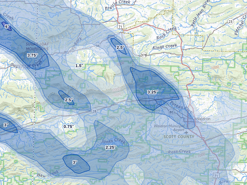 NEXRAD radar-signature map of the hail over Waldron, AR