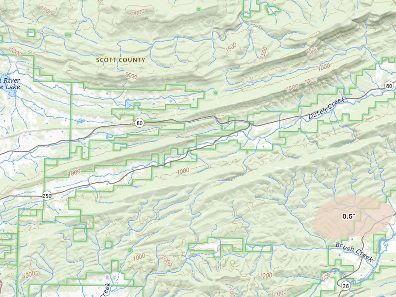 Radar-estimated hail-size map of the storm over Waldron, AR on May 9, 2026