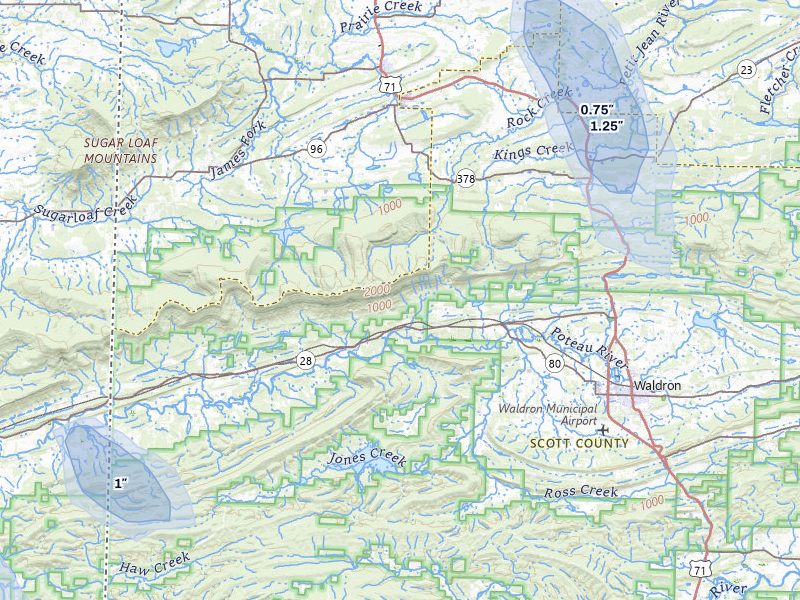 NEXRAD radar-signature map of the hail over Waldron, AR