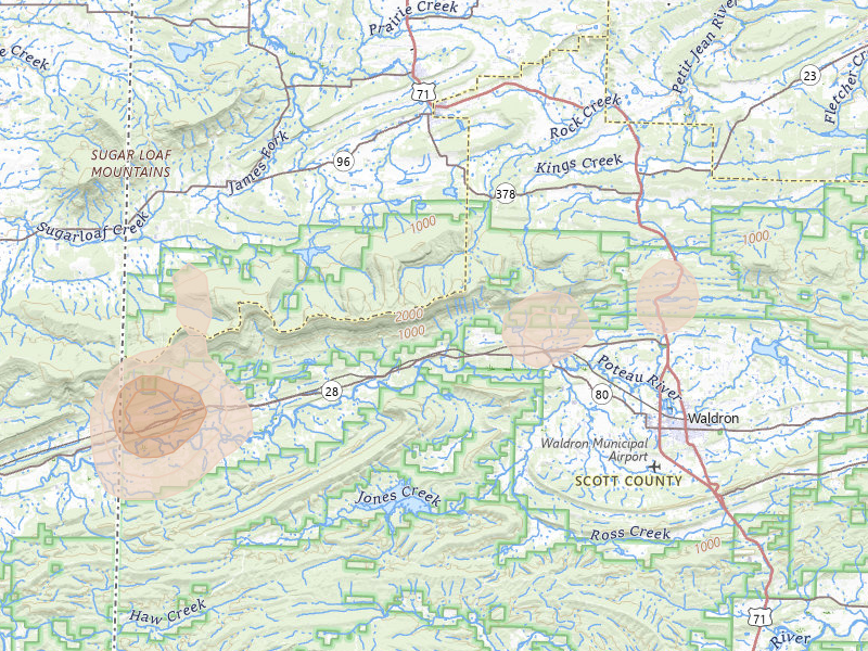 Radar-estimated hail-size map of the storm over Waldron, AR on Aug 7, 2026