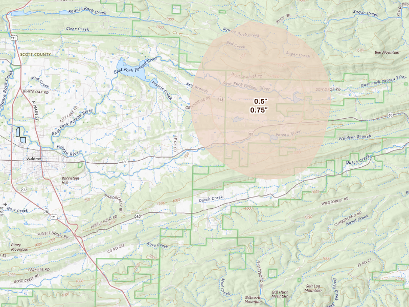 Radar-estimated hail-size map of the storm over Waldron, AR