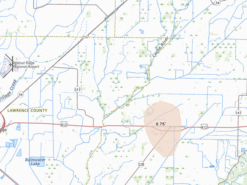 Radar-estimated hail-size map of the storm over Walnut Ridge, AR on Apr 26, 2026