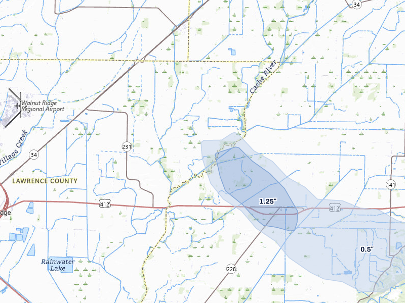 NEXRAD radar-signature map of the hail over Walnut Ridge, AR