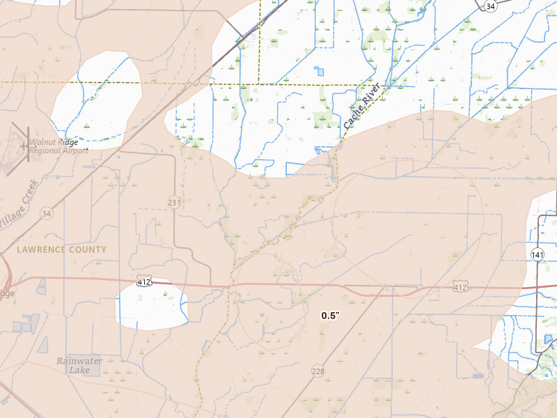 Radar-estimated hail-size map of the storm over Walnut Ridge, AR on Apr 27, 2026
