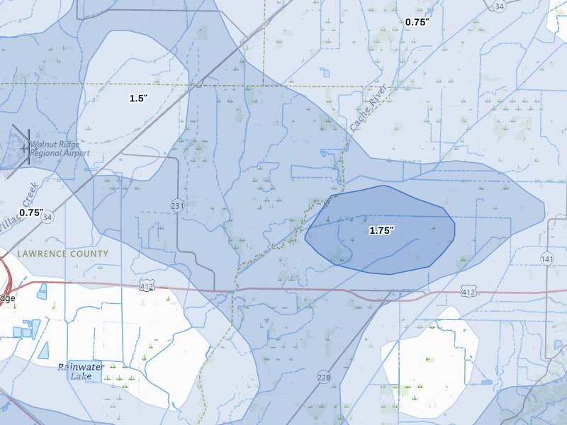 NEXRAD radar-signature map of the hail over Walnut Ridge, AR