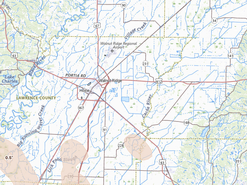 Radar-estimated hail-size map of the storm over Walnut Ridge, AR on Jun 1, 2026