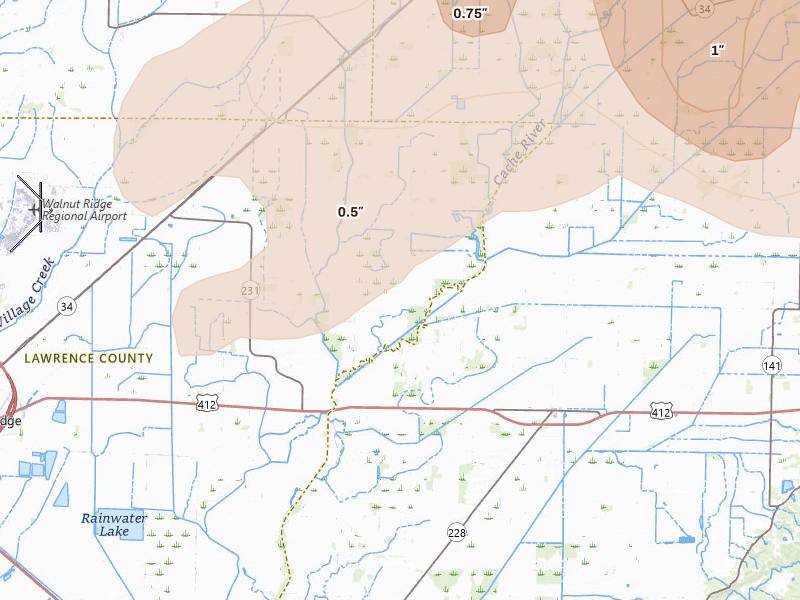 Radar-estimated hail-size map of the storm over Walnut Ridge, AR on Jul 9, 2026