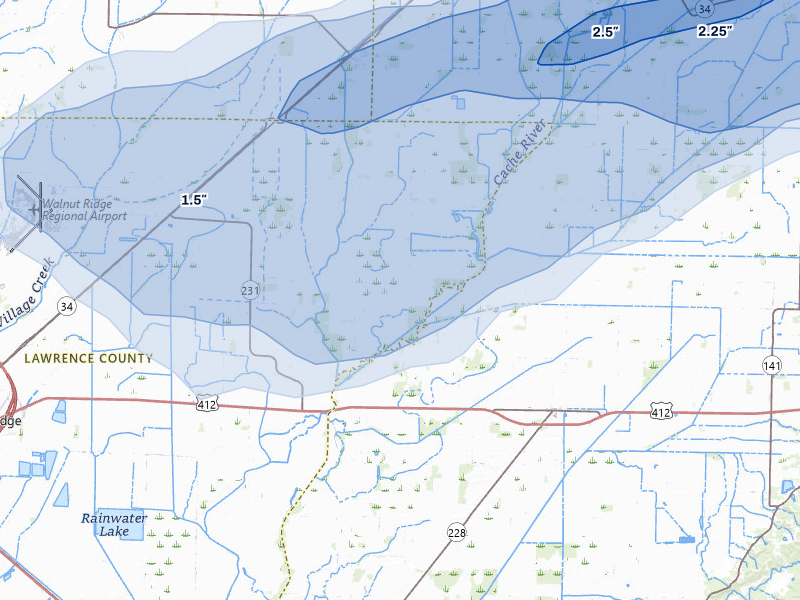 NEXRAD radar-signature map of the hail storm over Walnut Ridge, AR on Jul 9, 2026