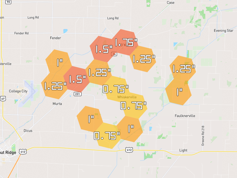 Hail map of Walnut Ridge, AR on Jul 9, 2026, hail up to 1.75"
