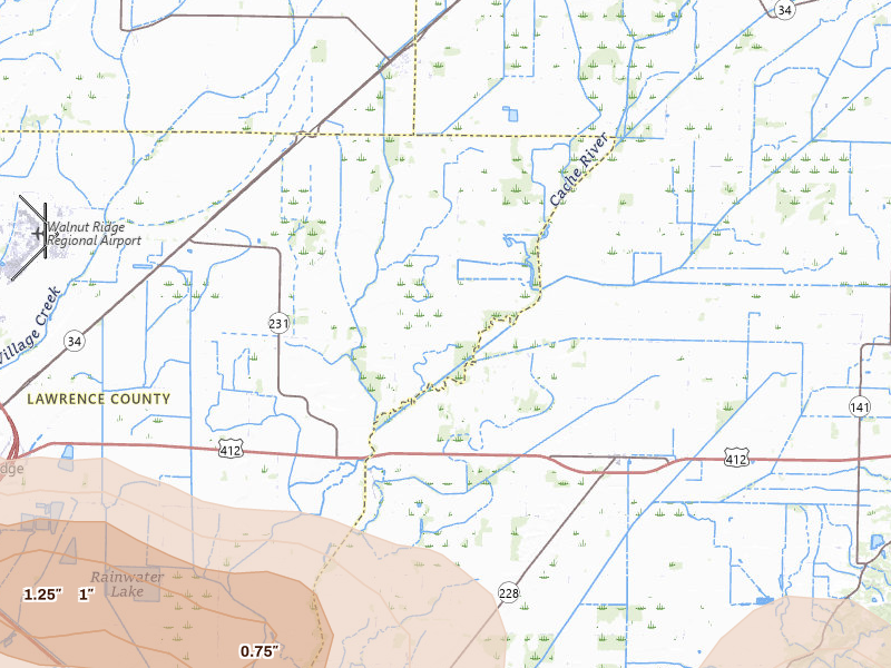 Radar-estimated hail-size map of the storm over Walnut Ridge, AR on Jul 11, 2026