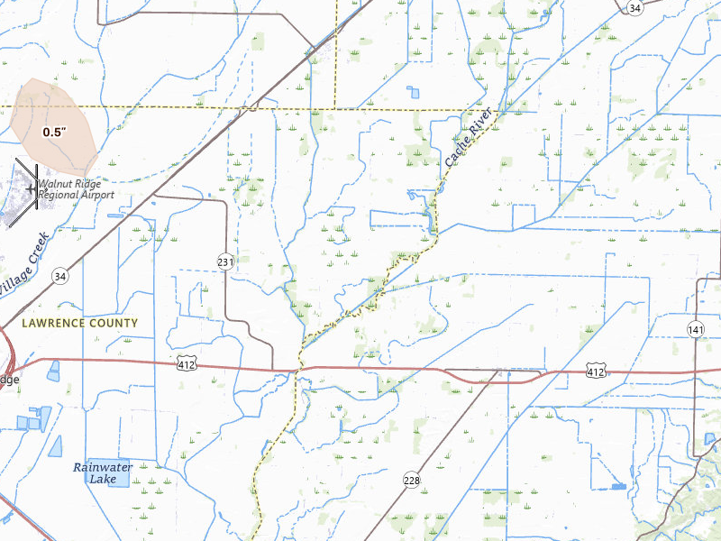 Radar-estimated hail-size map of the storm over Walnut Ridge, AR on Jul 19, 2026