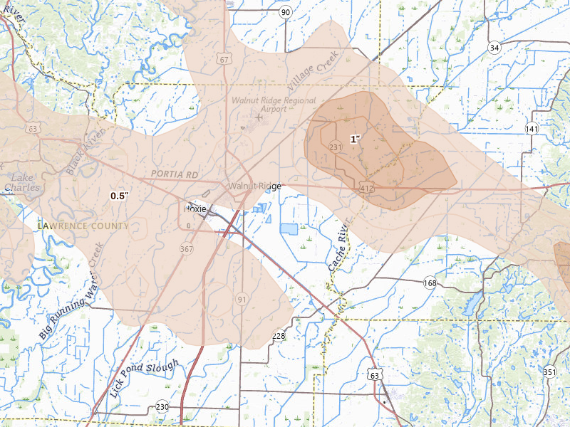 Radar-estimated hail-size map of the storm over Walnut Ridge, AR on Aug 22, 2026