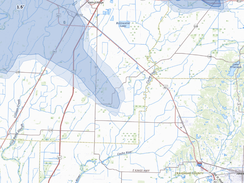 NEXRAD radar-signature map of the hail storm over Walnut Ridge, AR on Aug 22, 2026