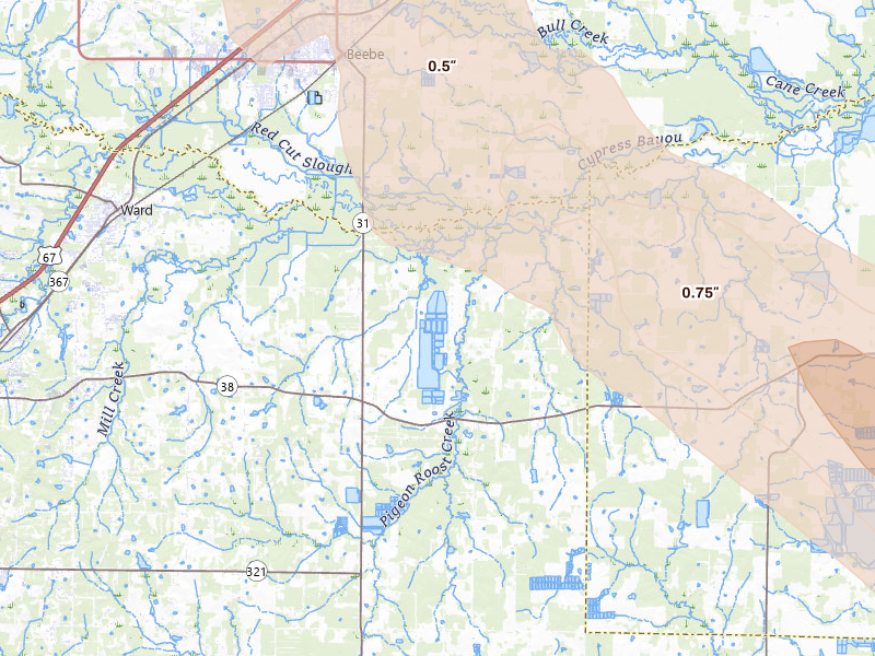 Radar-estimated hail-size map of the storm over Ward, AR on Feb 26, 2026