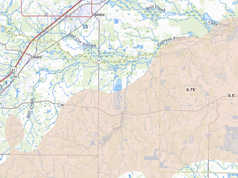Radar-estimated hail-size map of the storm over Ward, AR on Mar 15, 2026