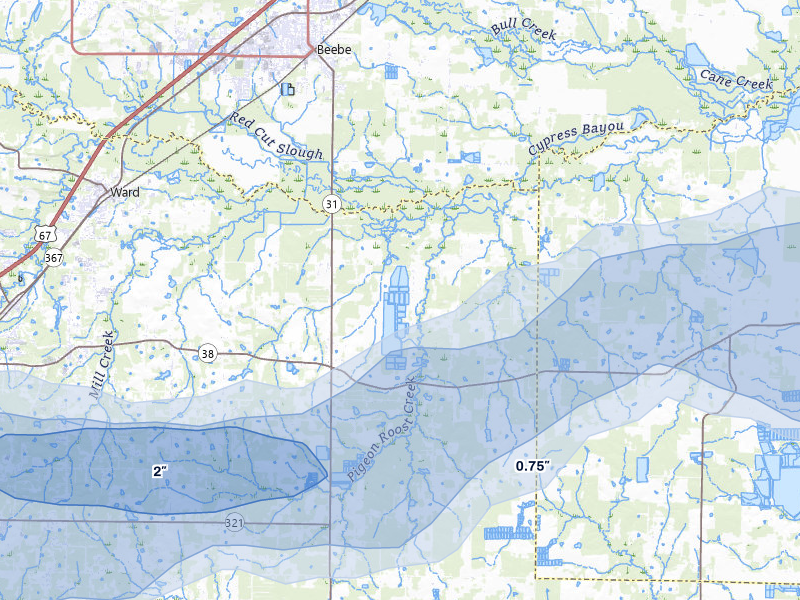 NEXRAD radar-signature map of the hail storm over Ward, AR on Mar 15, 2026