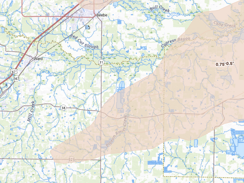 Radar-estimated hail-size map of the storm over Ward, AR on Apr 28, 2026