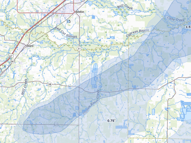NEXRAD radar-signature map of the hail storm over Ward, AR on Apr 28, 2026