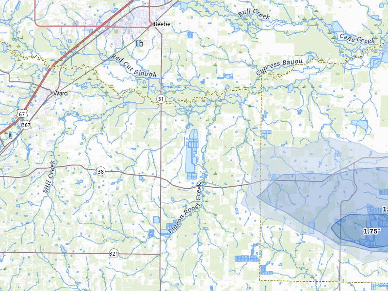 NEXRAD radar-signature map of the hail storm over Ward, AR on Jul 4, 2026