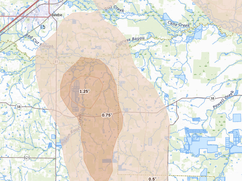 Radar-estimated hail-size map of the storm over Ward, AR on Aug 26, 2026
