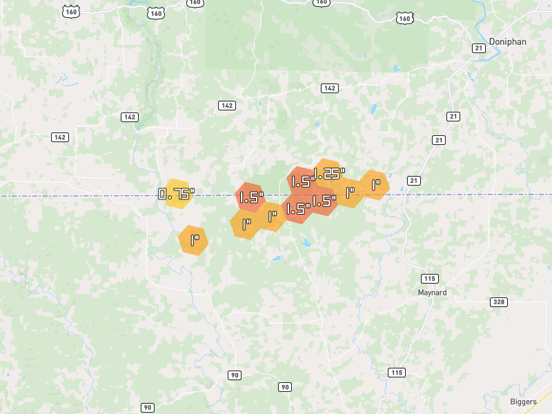Hail map of Warm Springs, AR on Jul 9, 2026, hail up to 1.5"