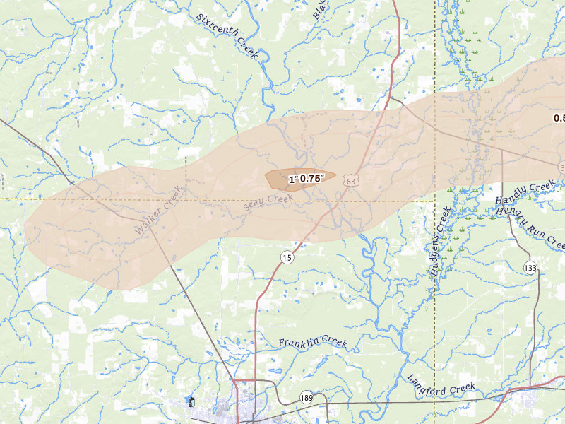 Radar-estimated hail-size map of the storm over Warren, AR on Mar 15, 2026