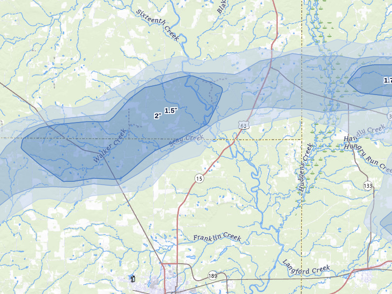 NEXRAD radar-signature map of the hail over Warren, AR