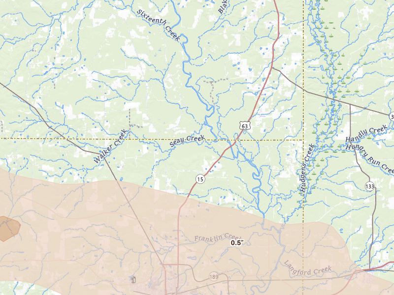 Radar-estimated hail-size map of the storm over Warren, AR on Apr 28, 2026