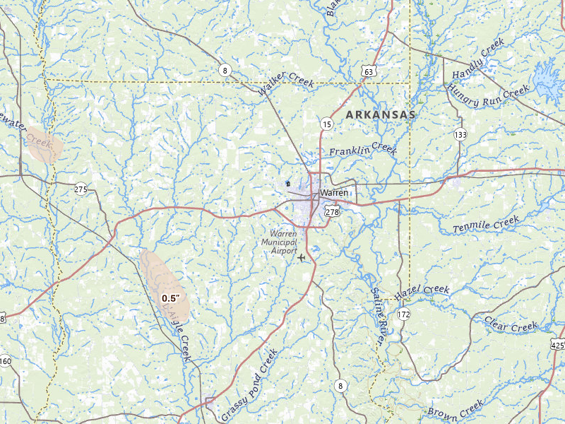 Radar-estimated hail-size map of the storm over Warren, AR on May 10, 2026