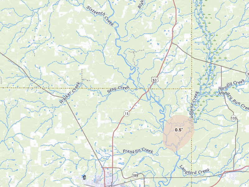 Radar-estimated hail-size map of the storm over Warren, AR on Jul 4, 2026