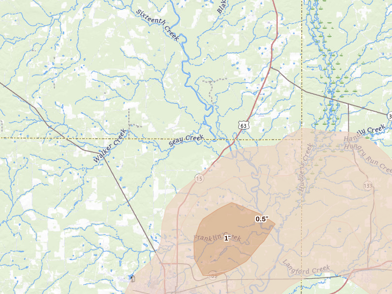 Radar-estimated hail-size map of the storm over Warren, AR on Jul 8, 2026