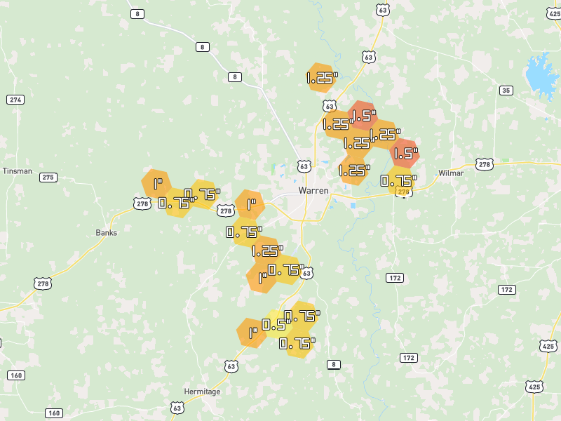 Hail map of Warren, AR on Jul 9, 2026, hail up to 1.5"