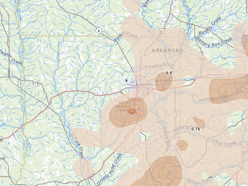 Radar-estimated hail-size map of the storm over Warren, AR on Aug 20, 2026